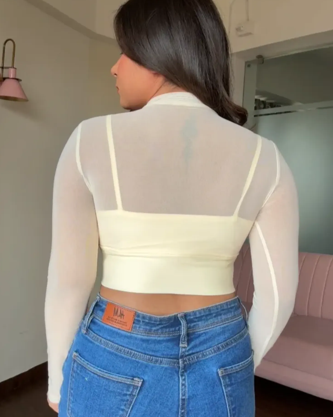 Mesh Solid Highneck Full Sleeves Top