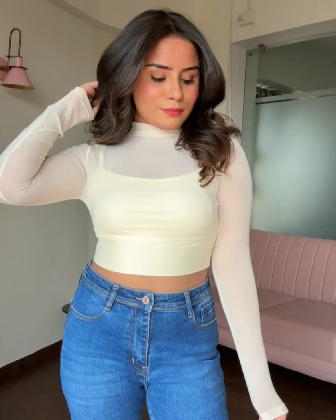 Mesh Solid Highneck Full Sleeves Top