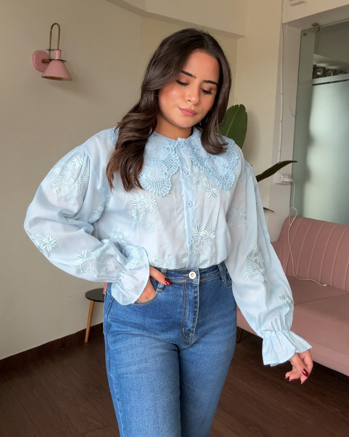 Monochrome Embroidery Korean Lace Collared Bell Sleeve Shirt