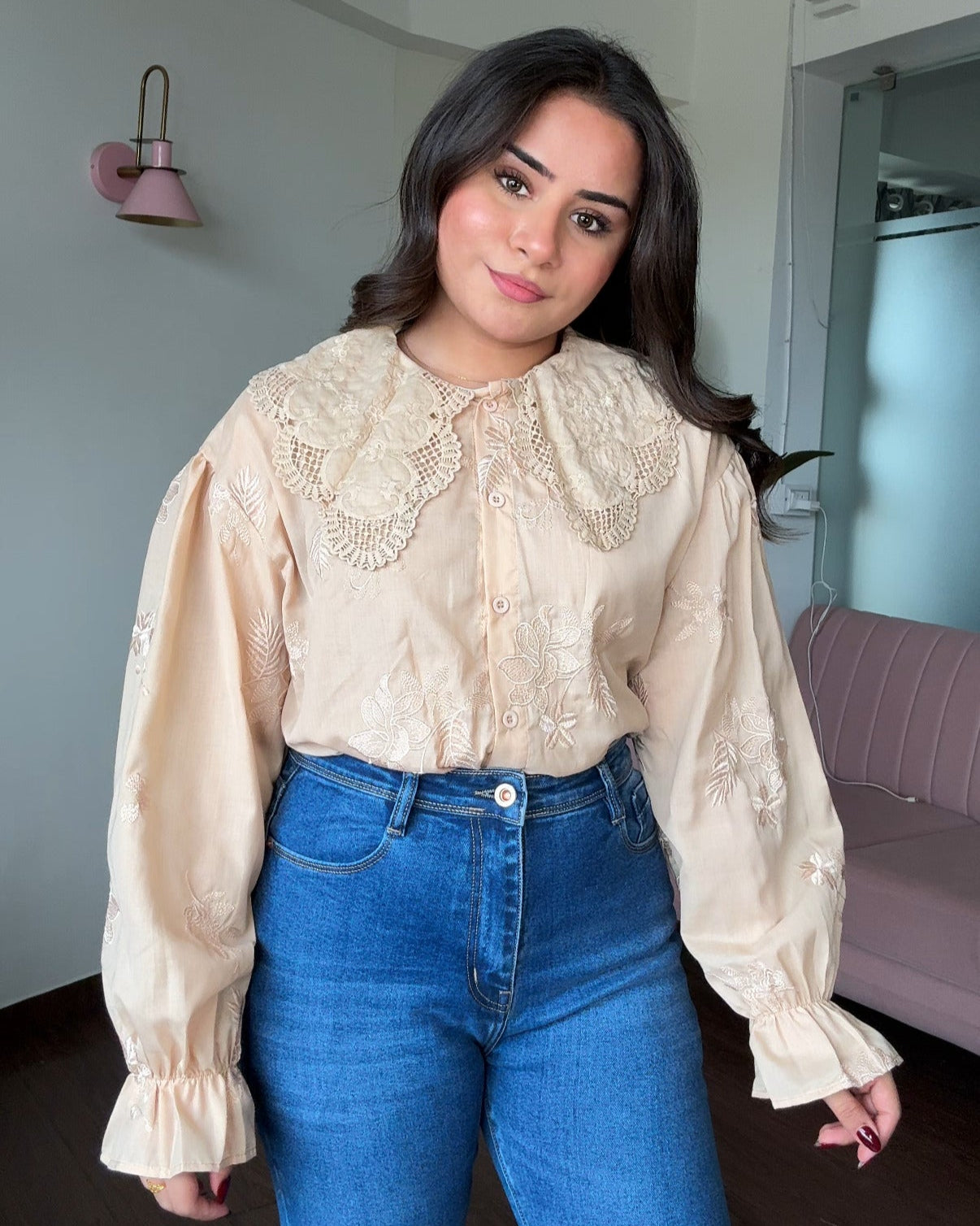 Monochrome Embroidery Korean Lace Collared Bell Sleeve Shirt