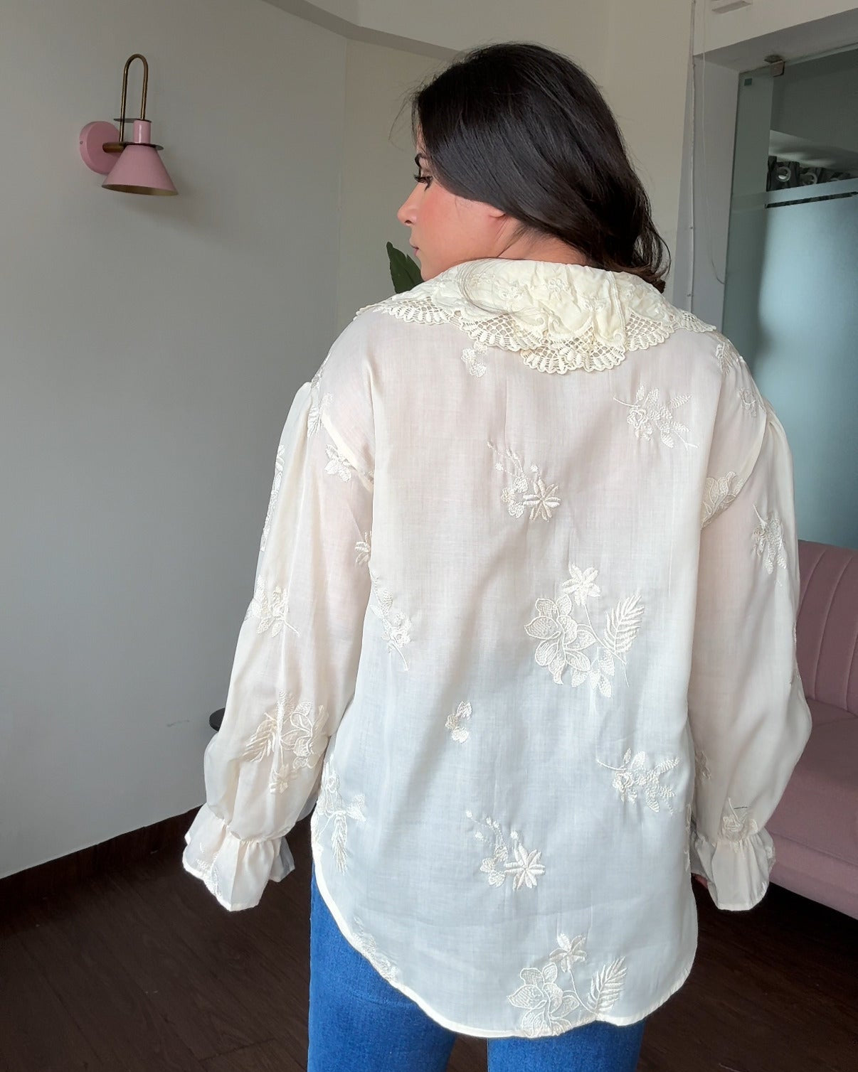 Monochrome Embroidery Korean Lace Collared Bell Sleeve Shirt