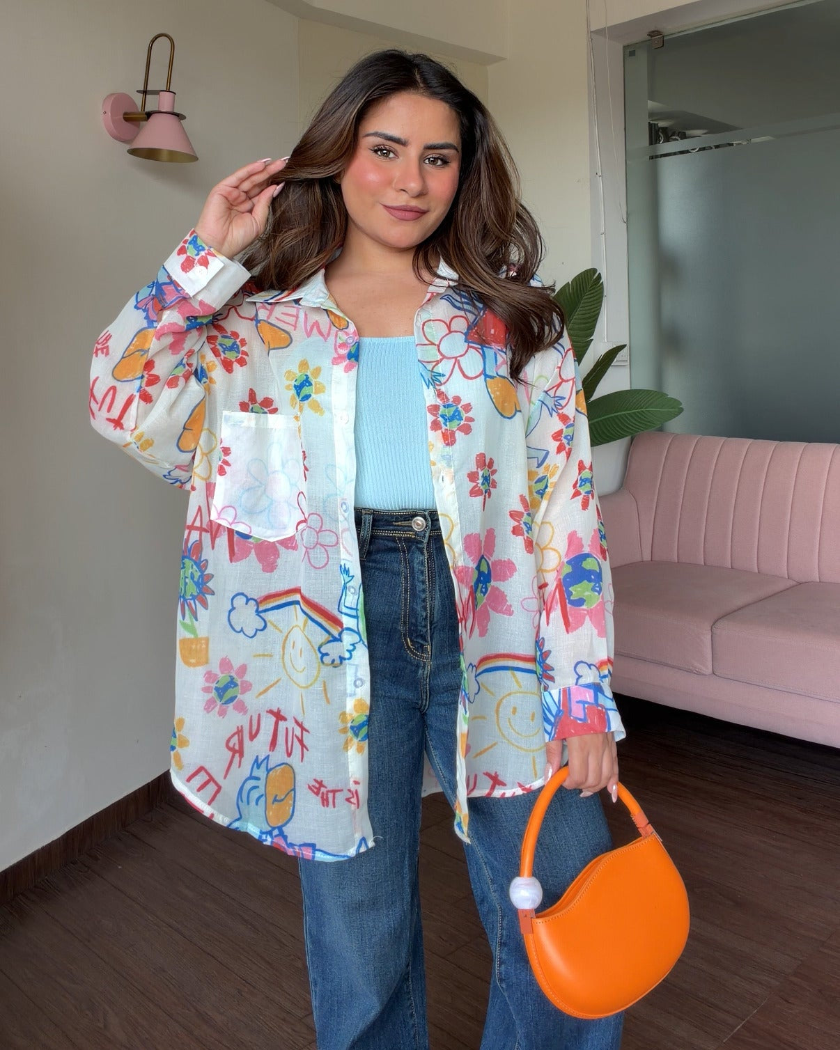 Multicolour Doodle Printed Summer Shirt With Cami Top