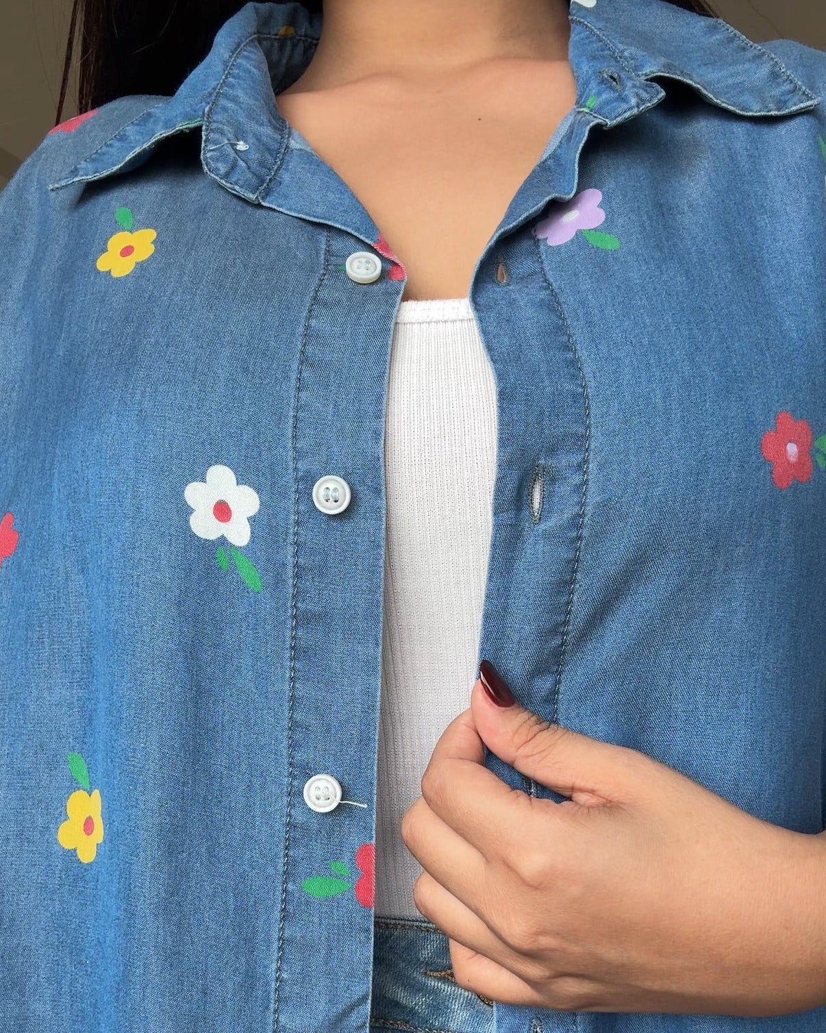 Multicolour Flower Detailing Printed Light Weight Denim Shirt