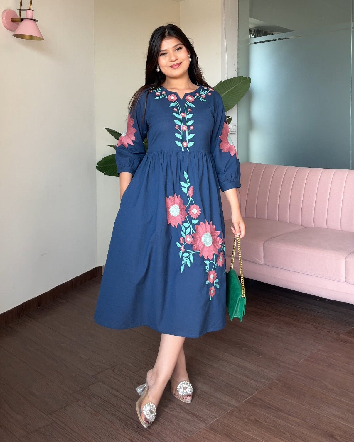 Navy Blue Embroidered Flared Dress