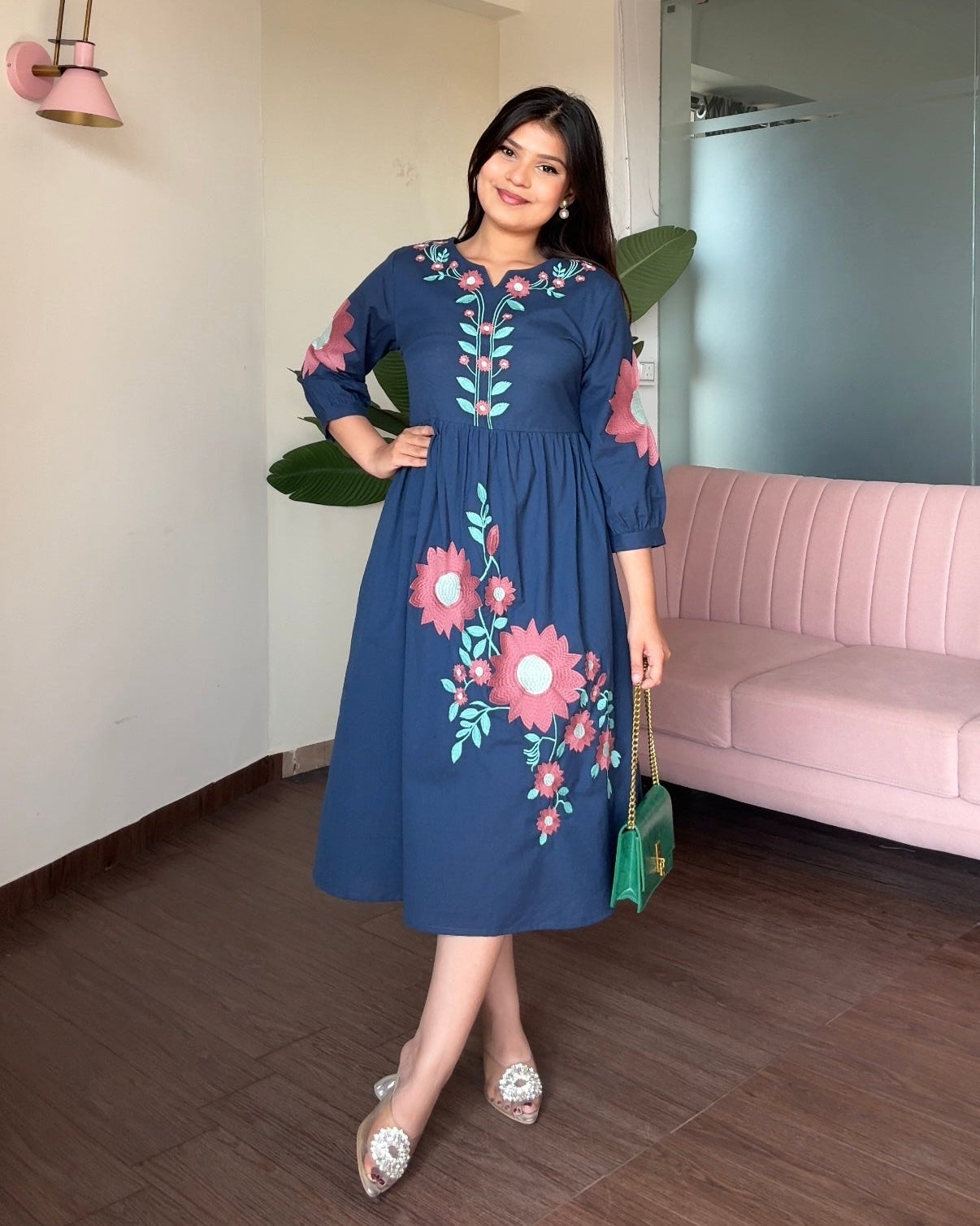 Navy Blue Embroidered Flared Dress