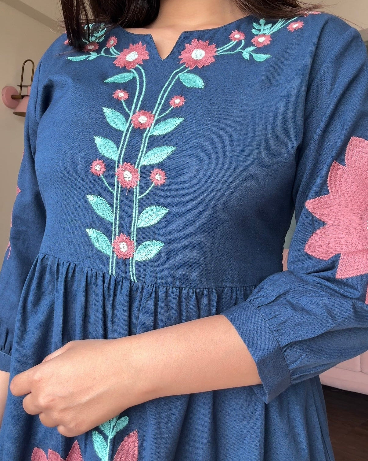 Navy Blue Embroidered Flared Dress