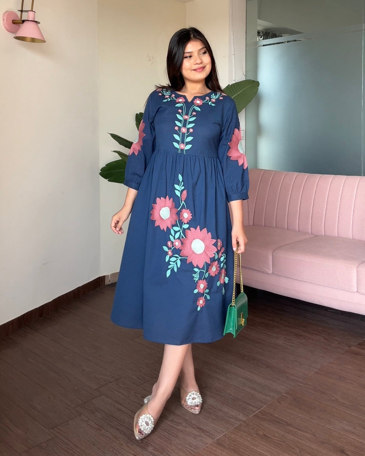 Navy Blue Embroidered Flared Dress