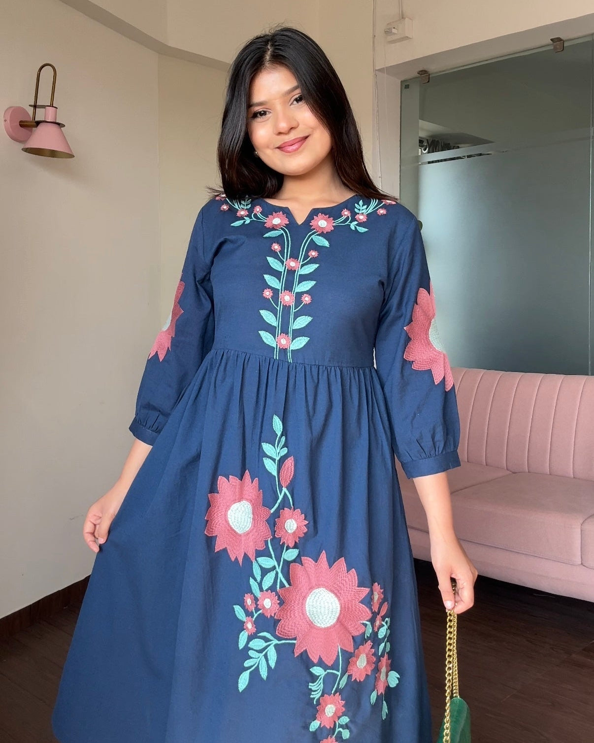 Navy Blue Embroidered Flared Dress