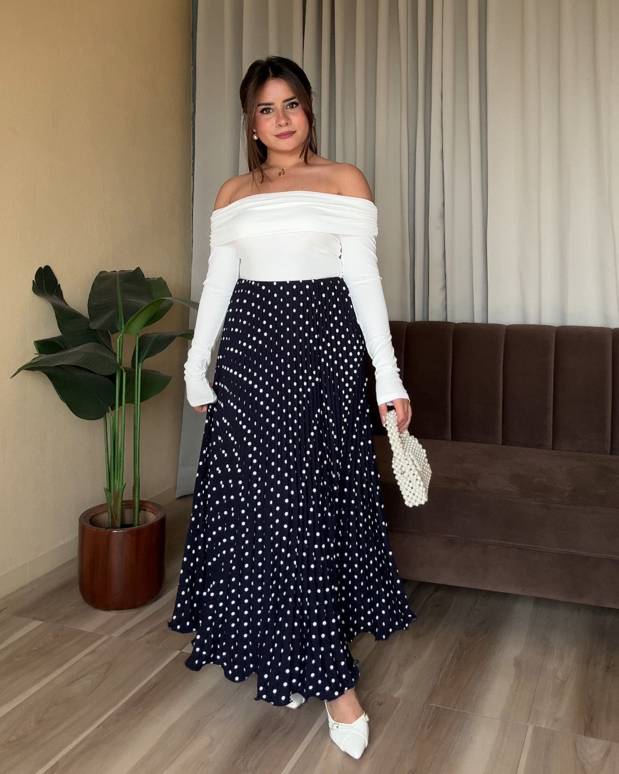 Polka Dot Pleated Midi Skirt