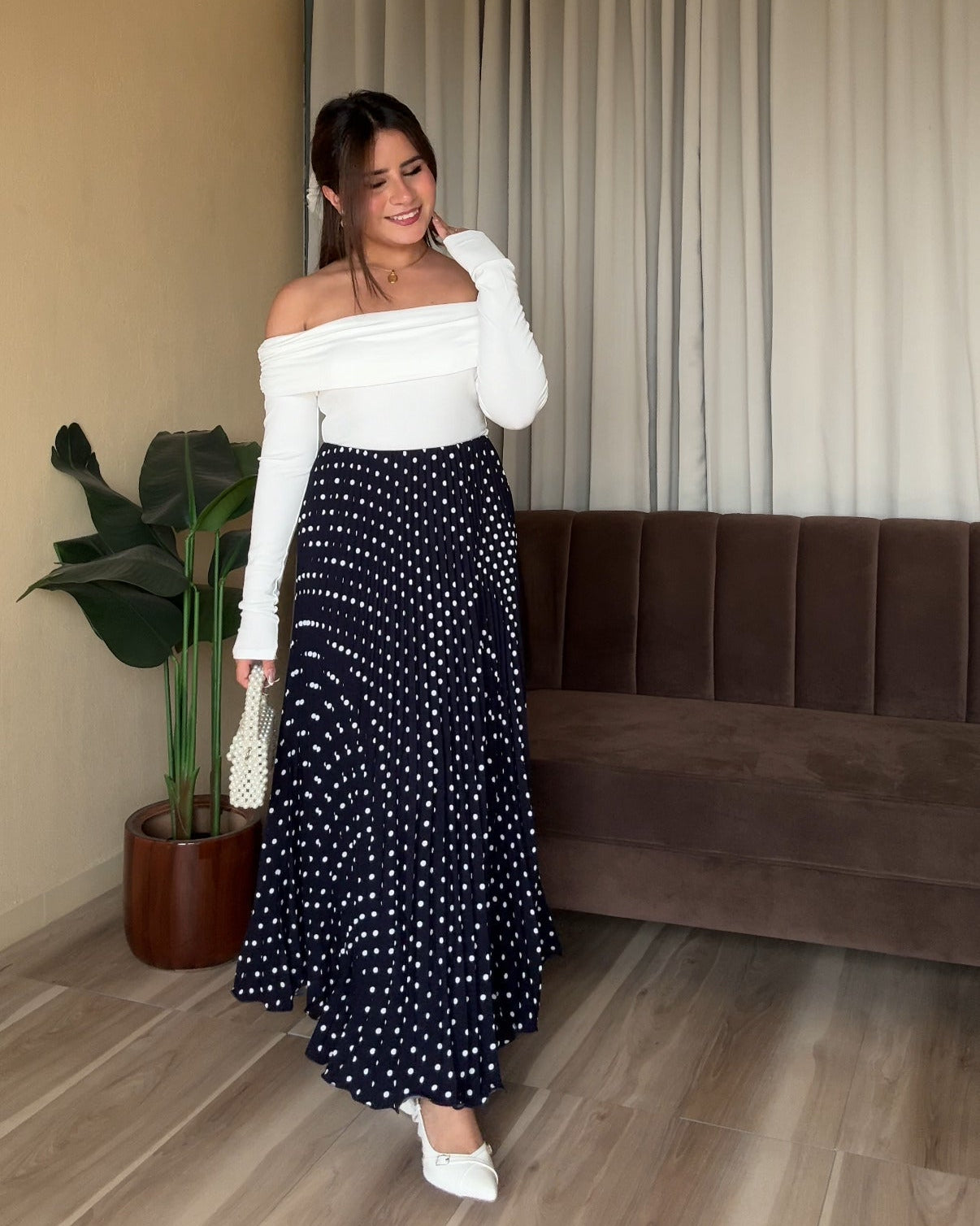 Polka Dot Pleated Midi Skirt