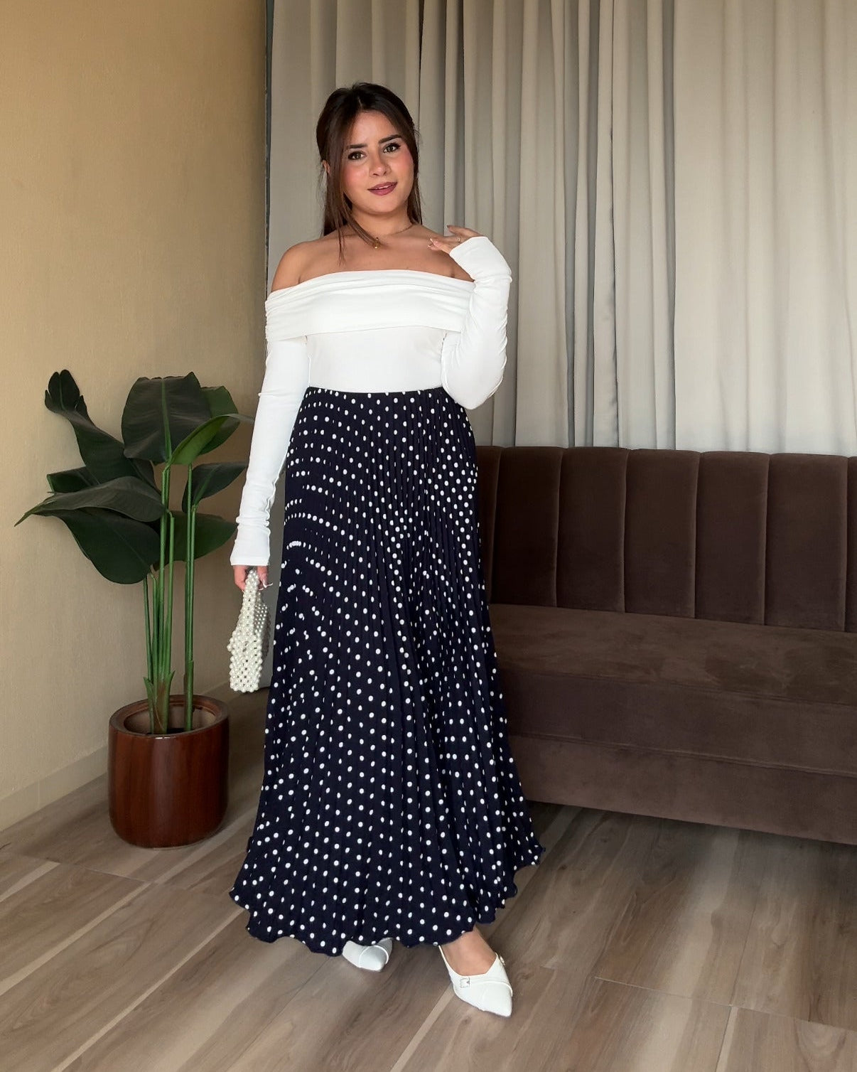 Polka Dot Pleated Midi Skirt