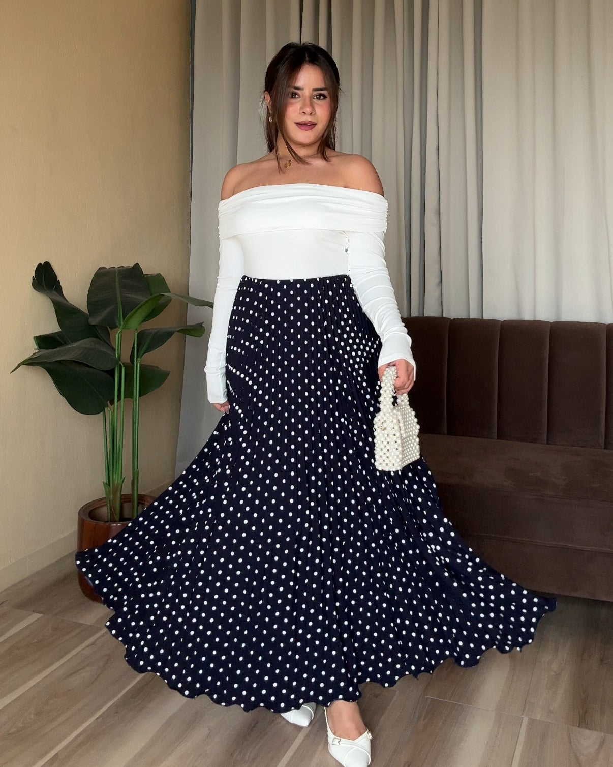 Polka Dot Pleated Midi Skirt