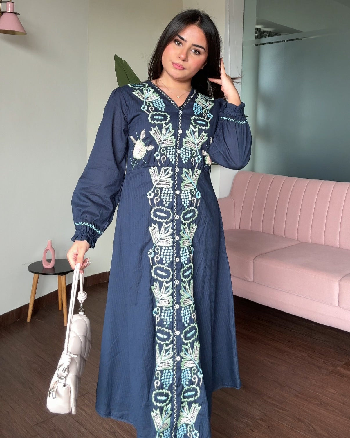 Embroidered V Neck A Line Cotton Dress