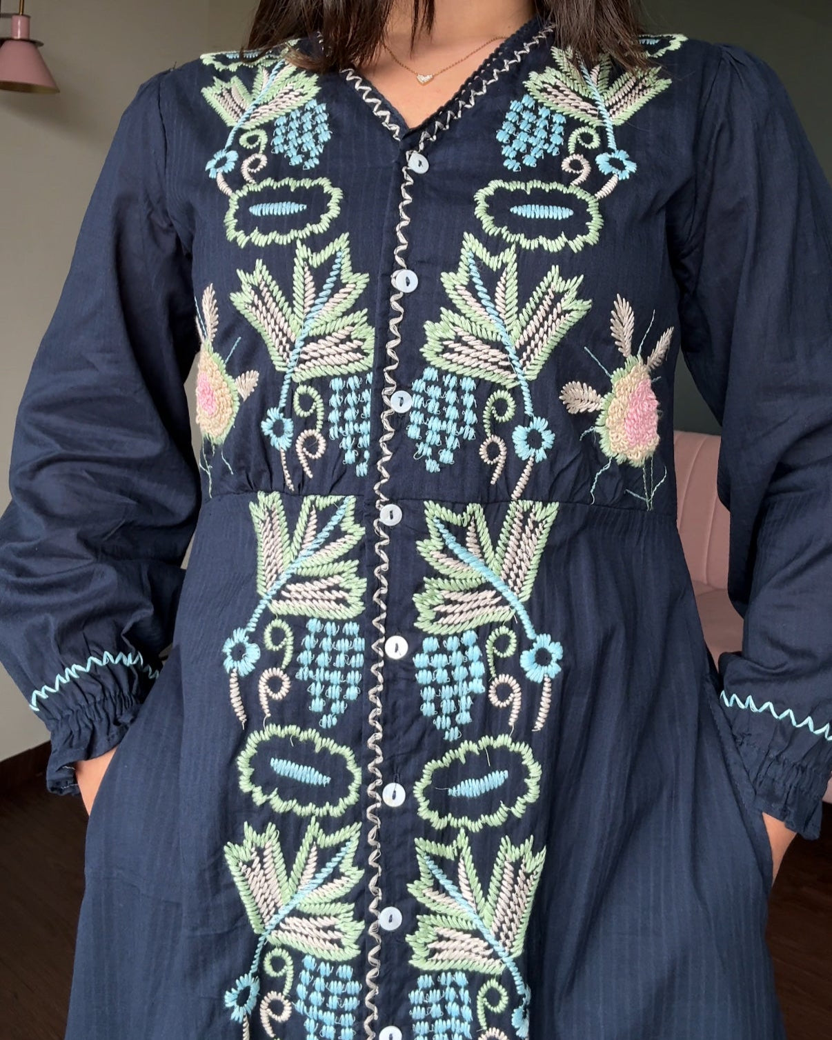 Embroidered V Neck A Line Cotton Dress