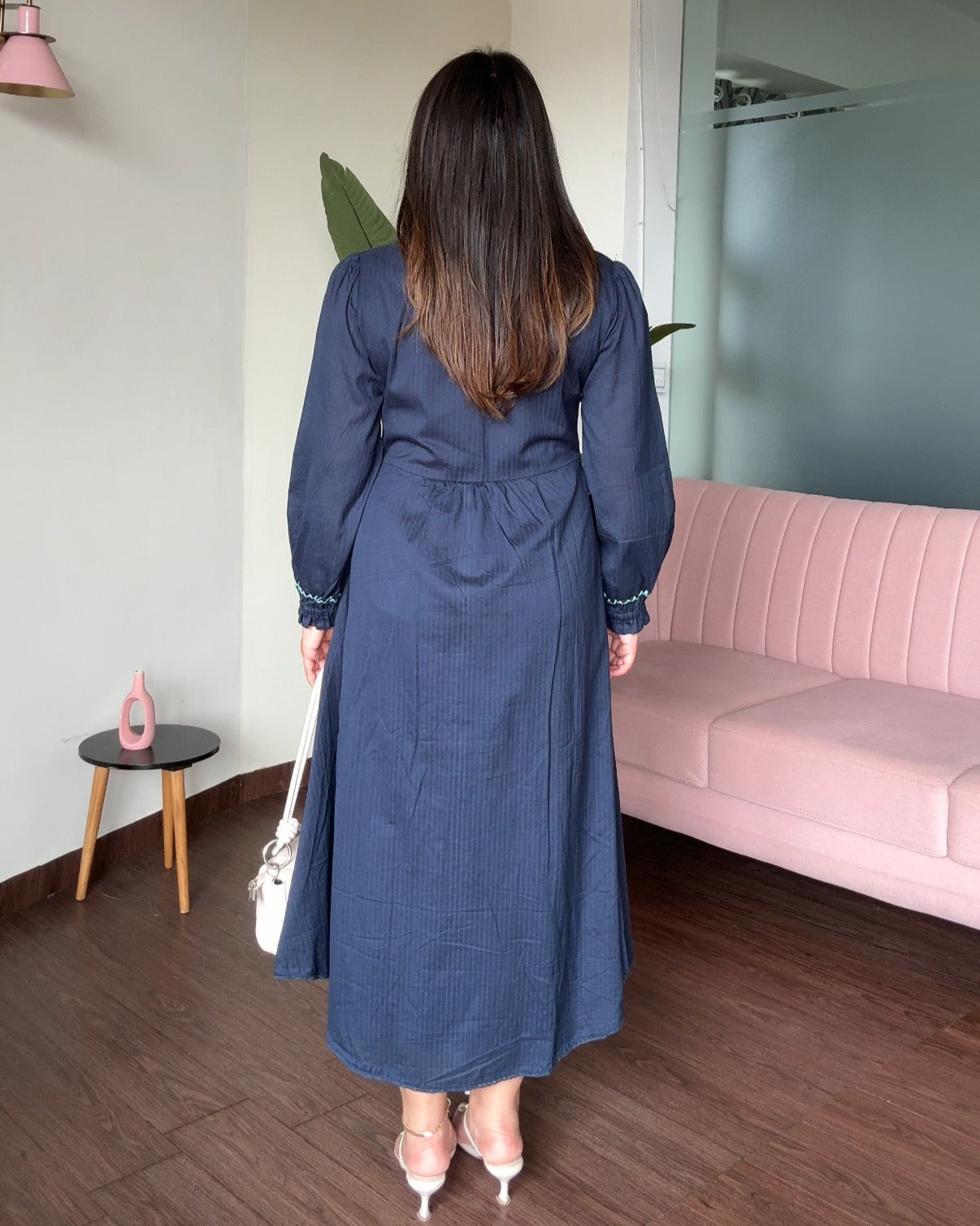 Embroidered V Neck A Line Cotton Dress