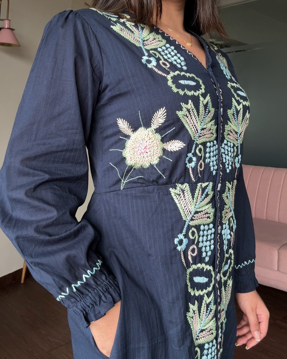 Embroidered V Neck A Line Cotton Dress