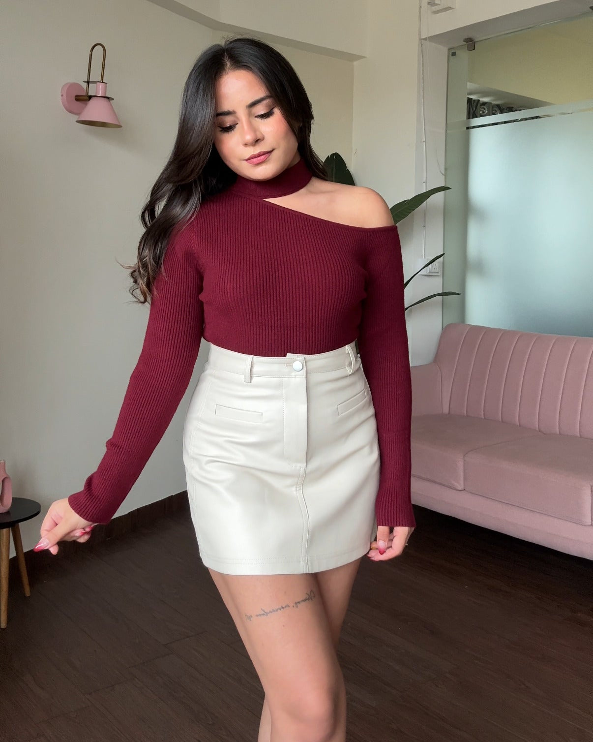 Neck Cut Out Ribbed Knitted Sweater Top