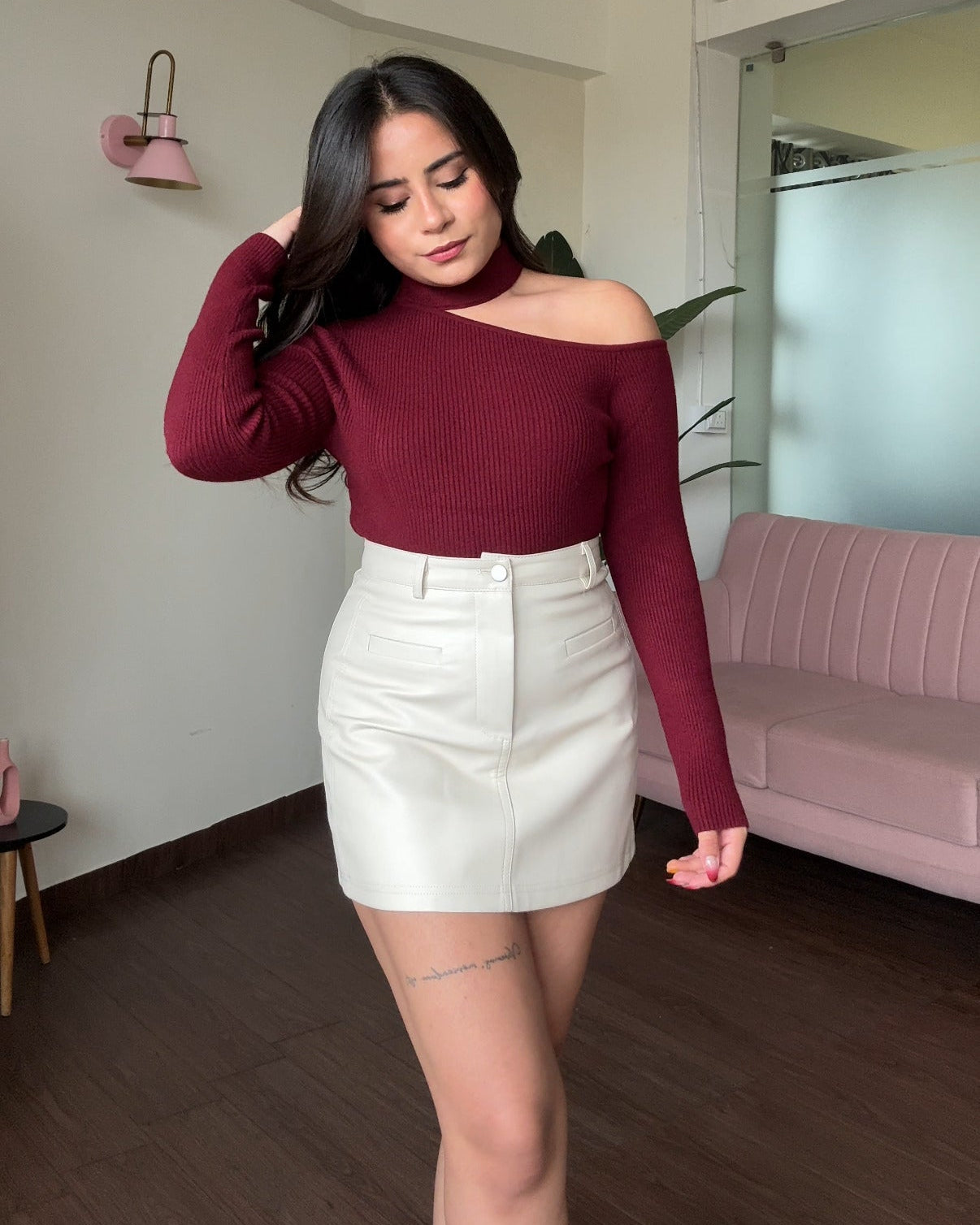 Neck Cut Out Ribbed Knitted Sweater Top