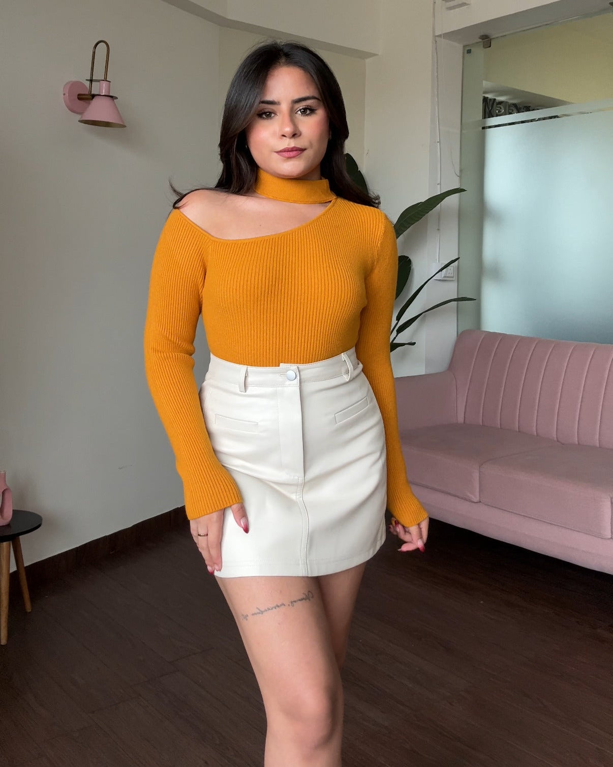 Neck Cut Out Ribbed Knitted Sweater Top