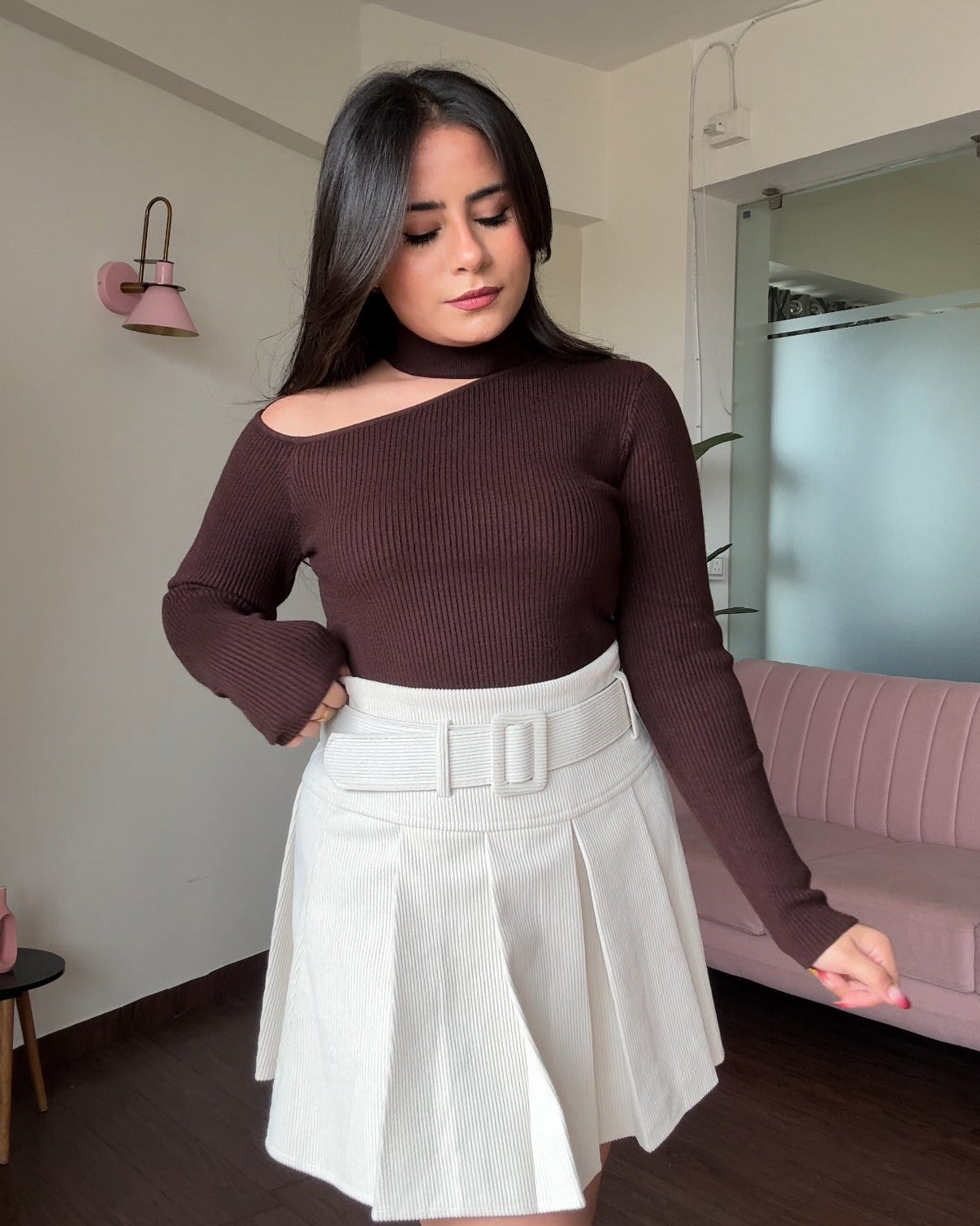 Neck Cut Out Ribbed Knitted Sweater Top