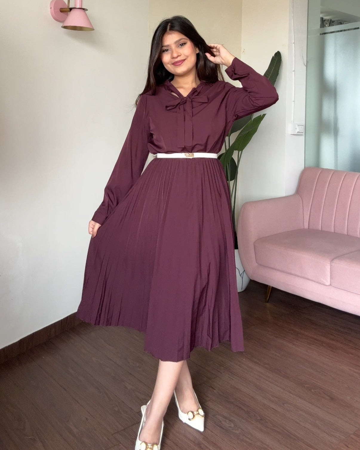 Neck Tie Up Pleated Dress With Belt