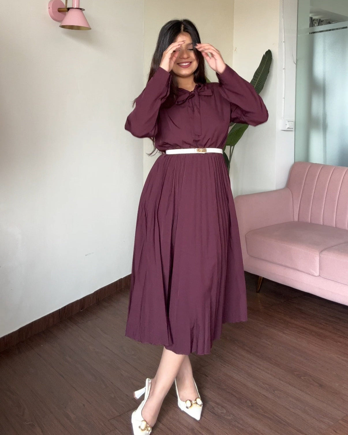 Neck Tie Up Pleated Dress With Belt