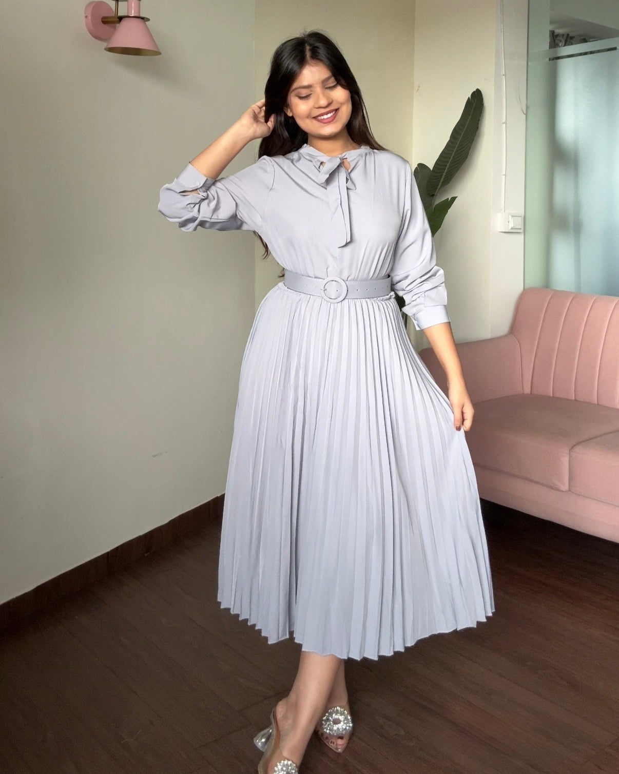 Neck Tie Up Pleated Dress With Belt