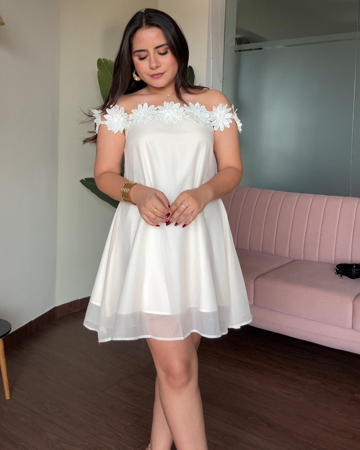 Off Shoulder Flower Detailing Flared Mini Dress