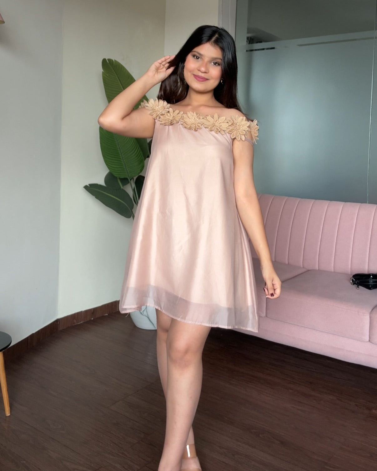 Off Shoulder Flower Detailing Flared Mini Dress