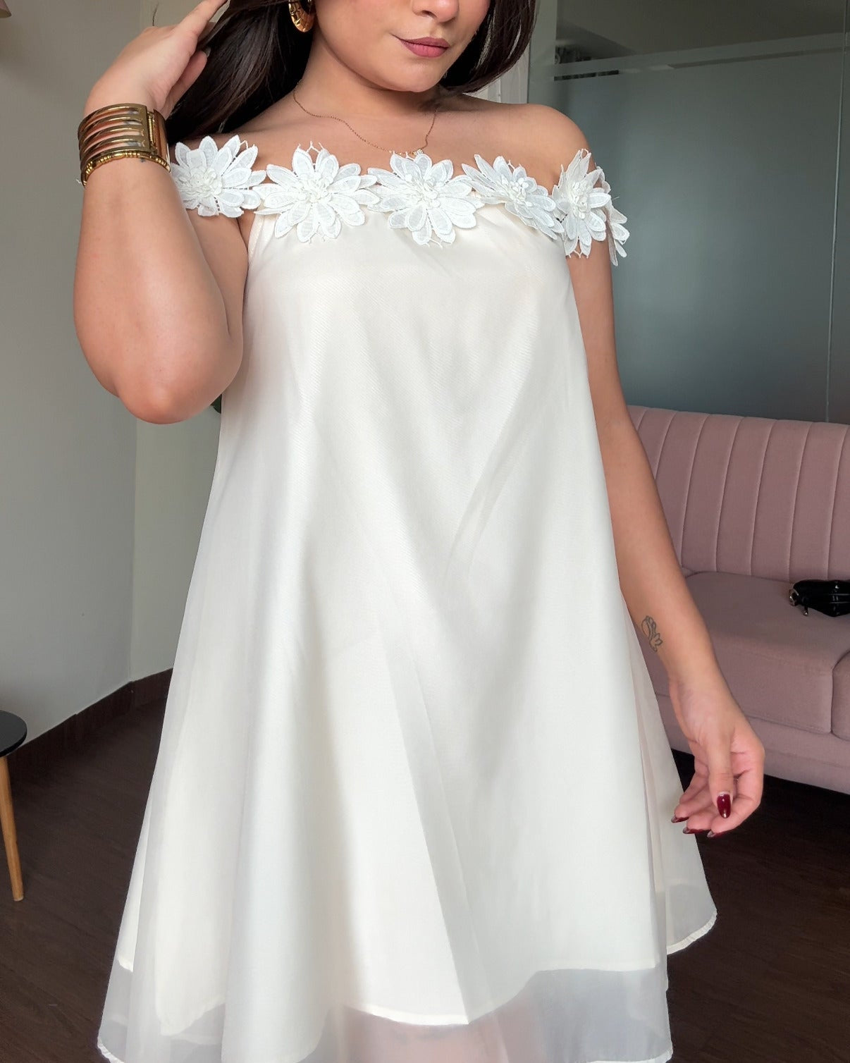 Off Shoulder Flower Detailing Flared Mini Dress
