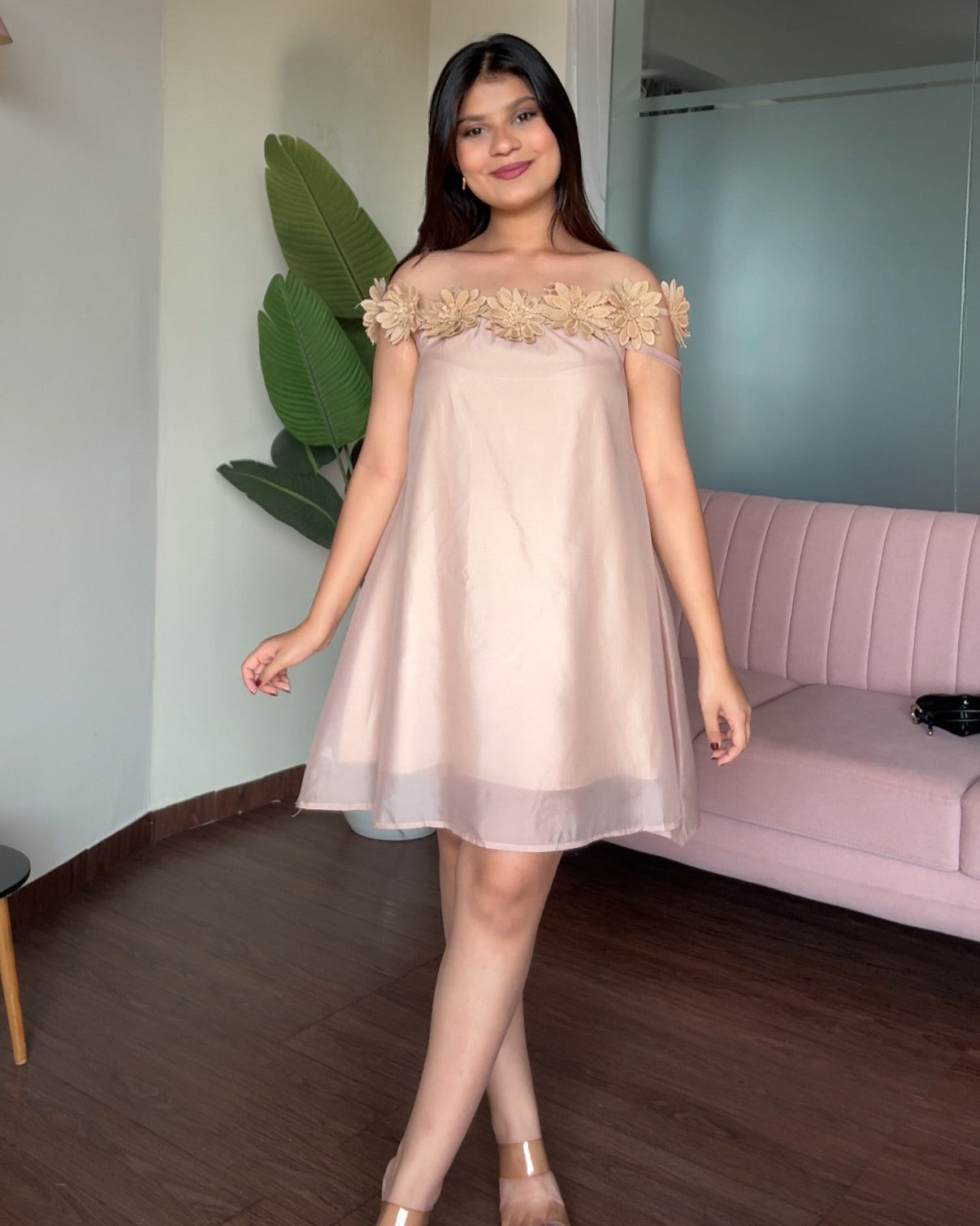 Off Shoulder Flower Detailing Flared Mini Dress