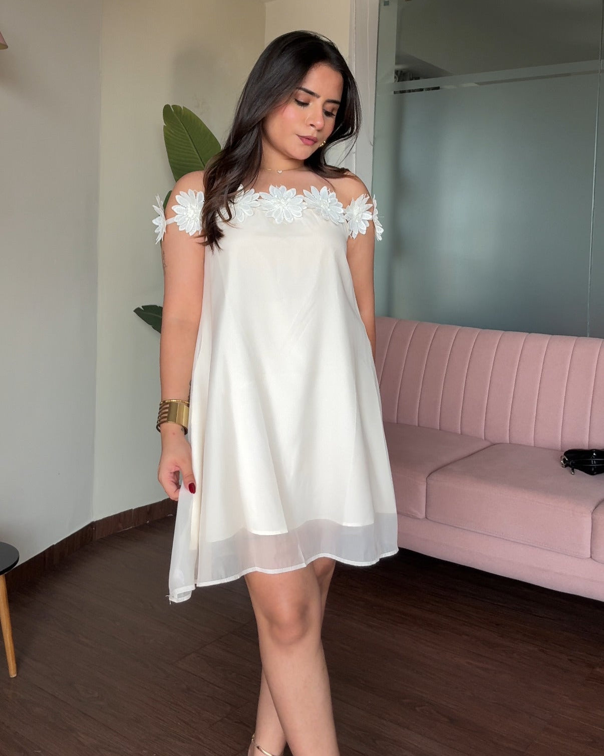 Off Shoulder Flower Detailing Flared Mini Dress