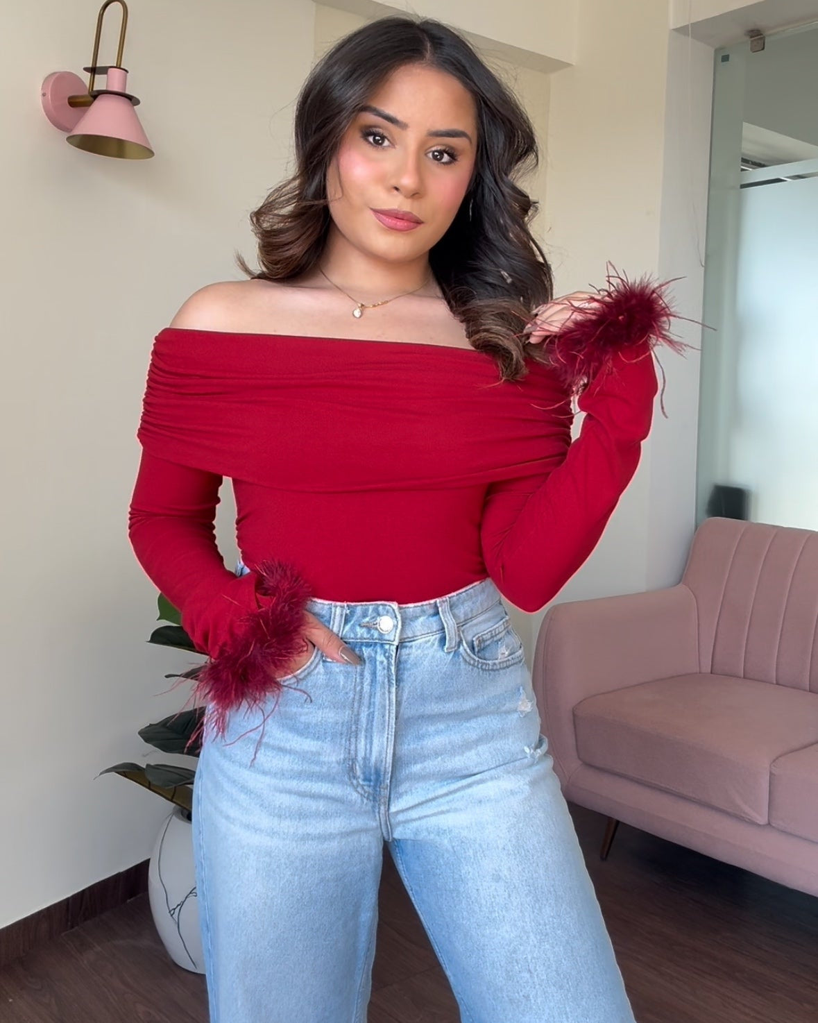 Off Shoulder Fur Detailing Full Sleeve Top
