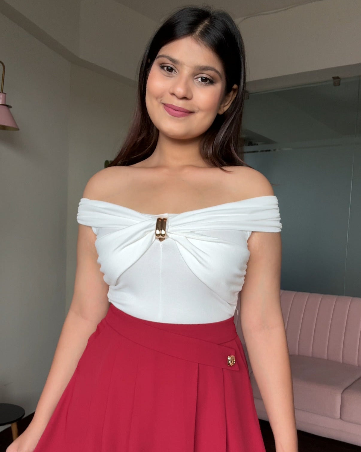 Off Shoulder Golden Buckle Detail Draped Top
