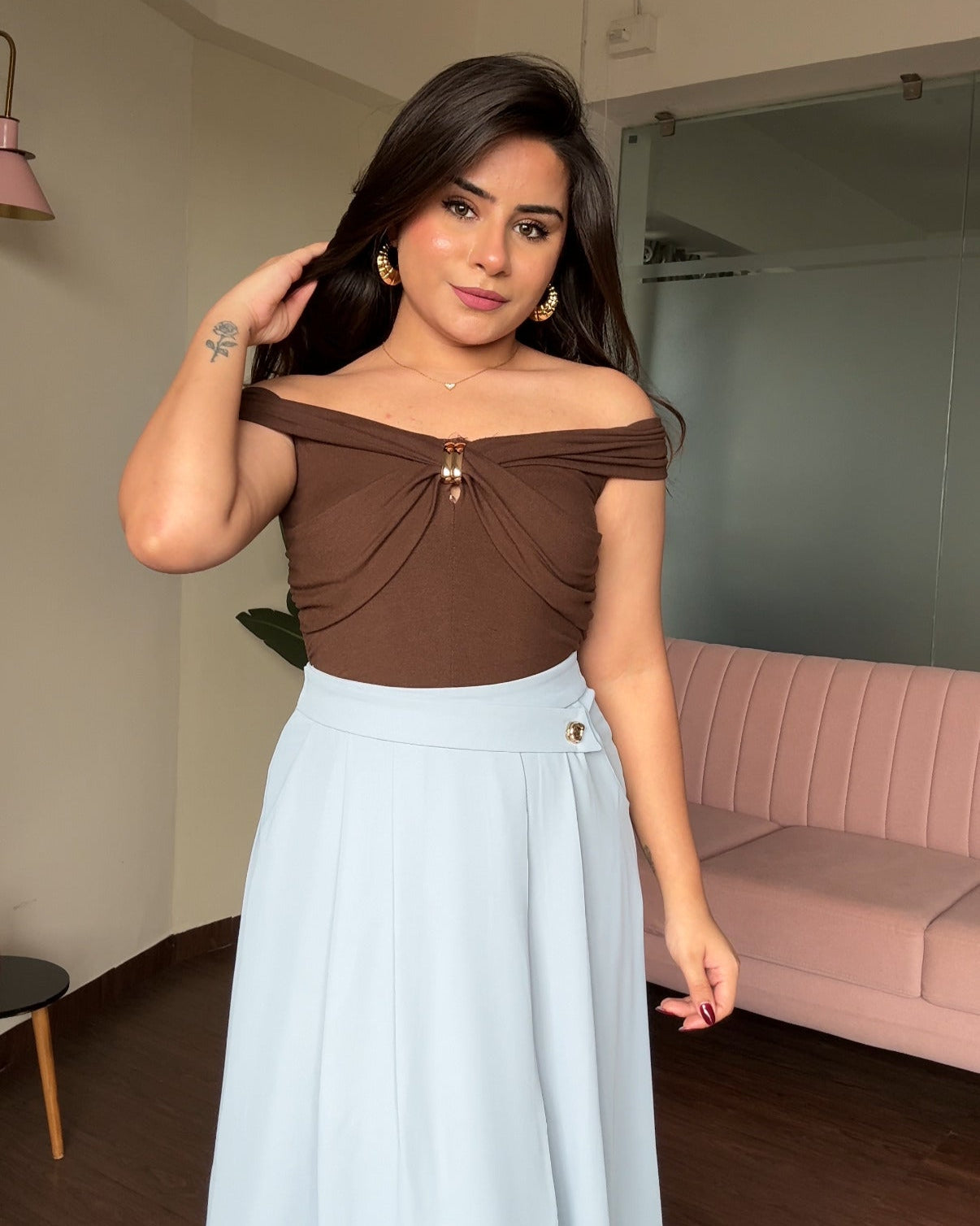 Off Shoulder Golden Buckle Detail Draped Top