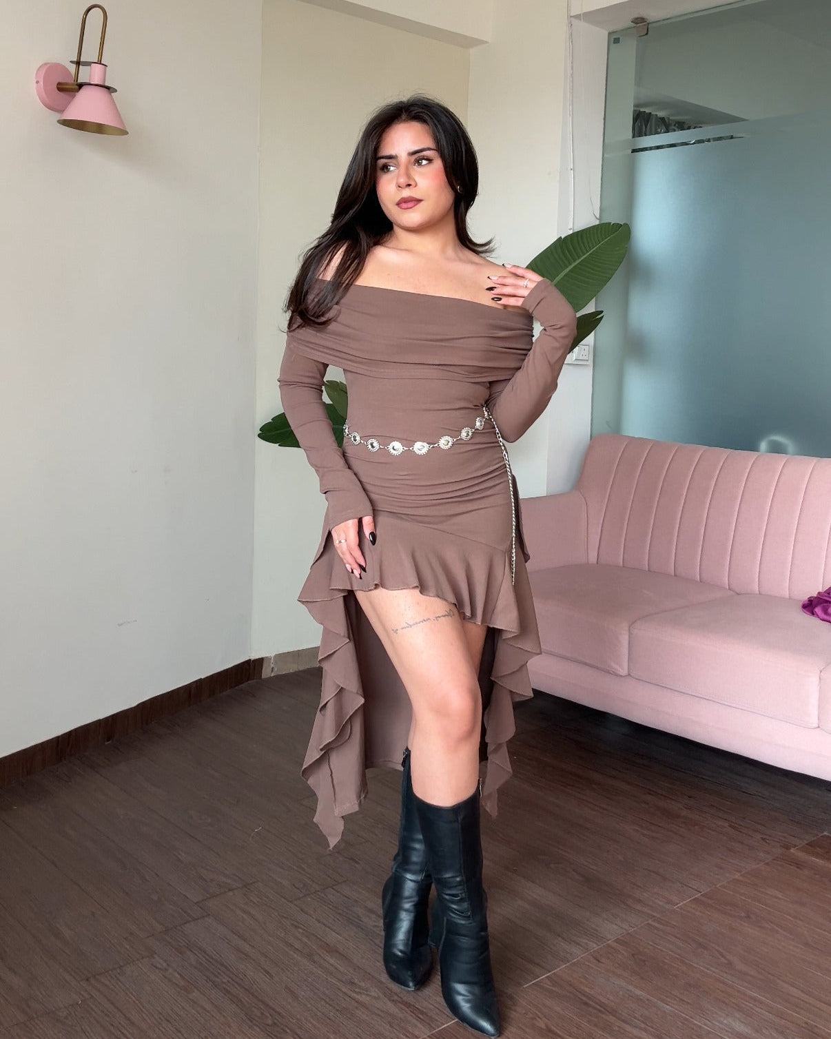 Off Shoulder High Low Ruffle Dress With Waist Chain