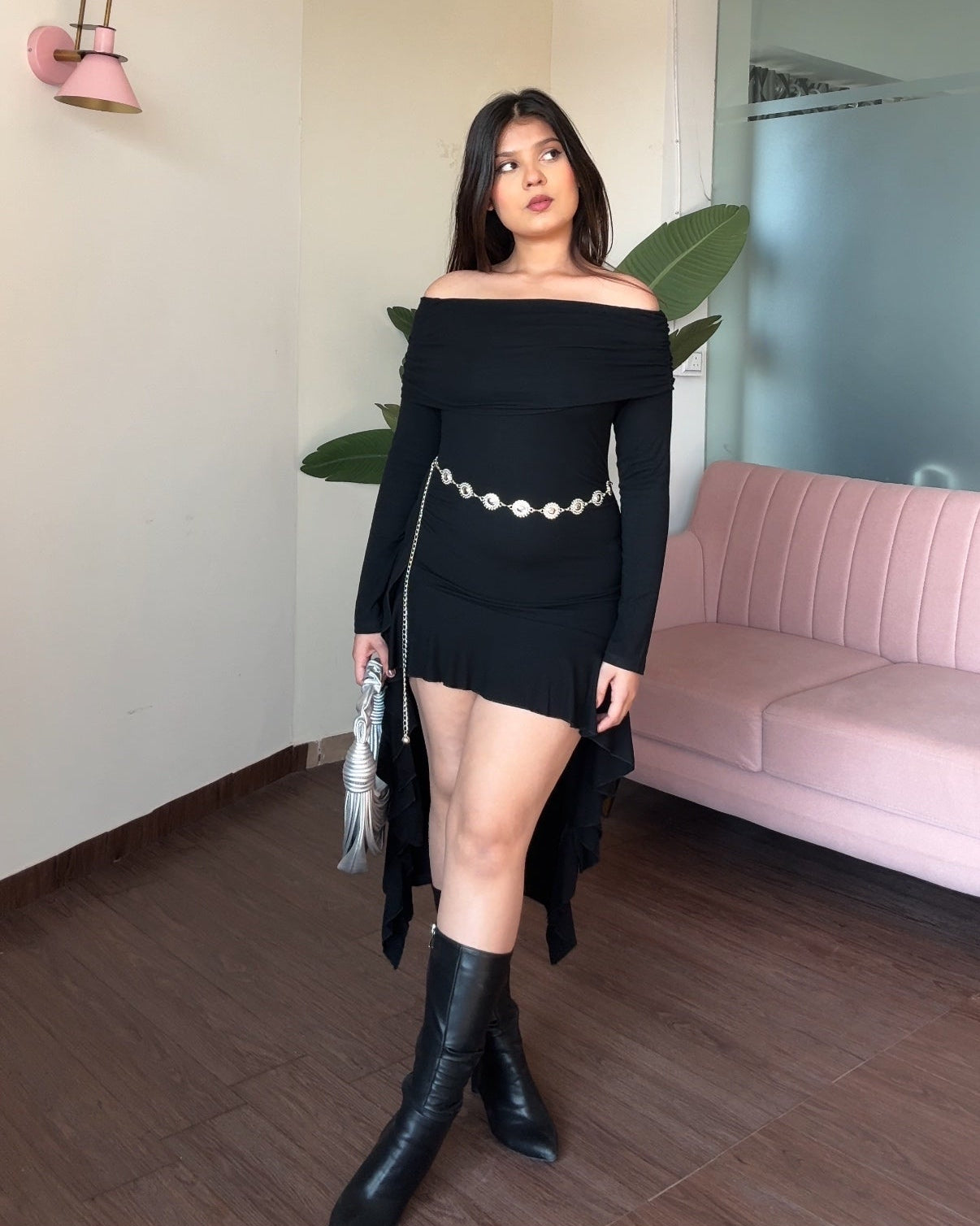 Off Shoulder High Low Ruffle Dress With Waist Chain