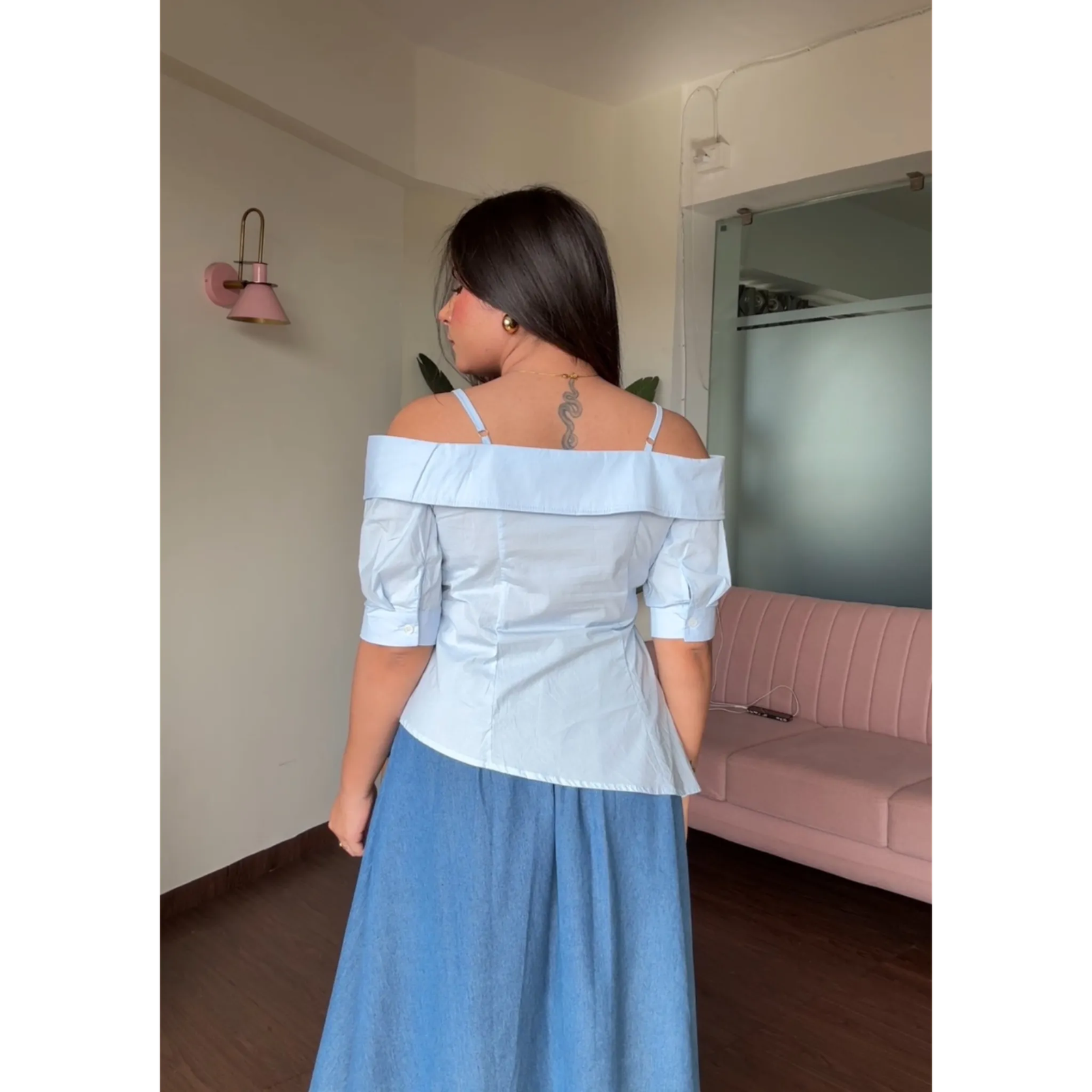 Off Shoulder Tie Up Button Up Shirt