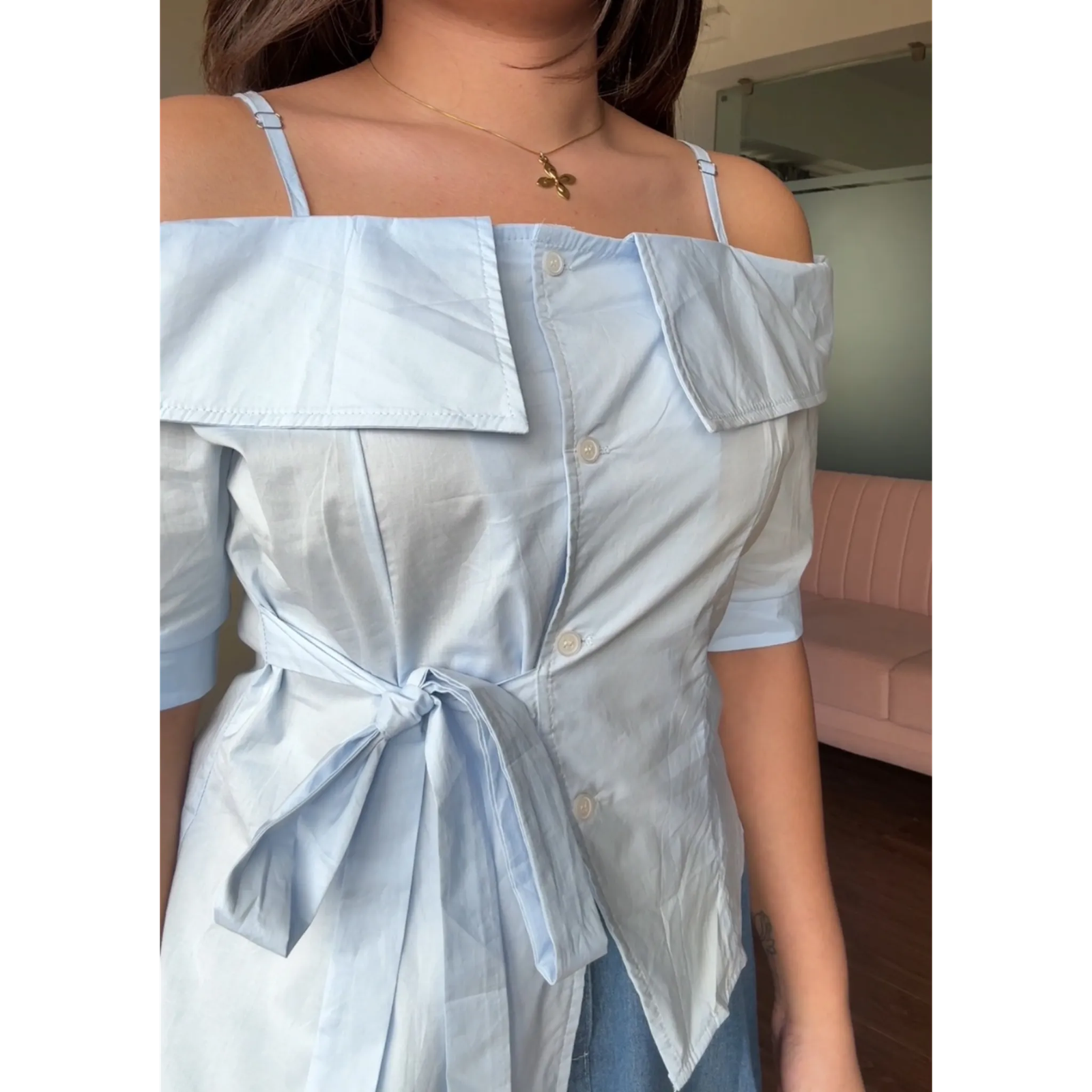 Off Shoulder Tie Up Button Up Shirt