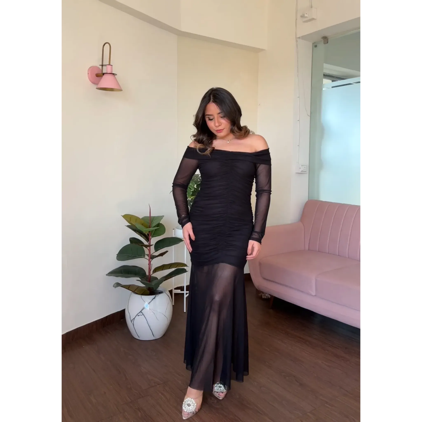 Offshoulder Ruched Mesh Midi Dress