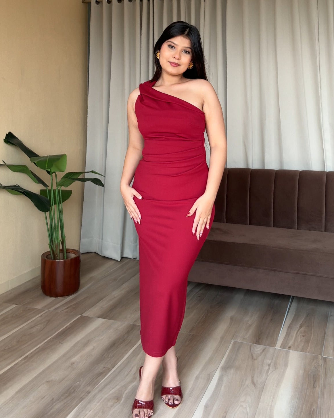 One Shoulder Ruched Bodycon Midi Dress