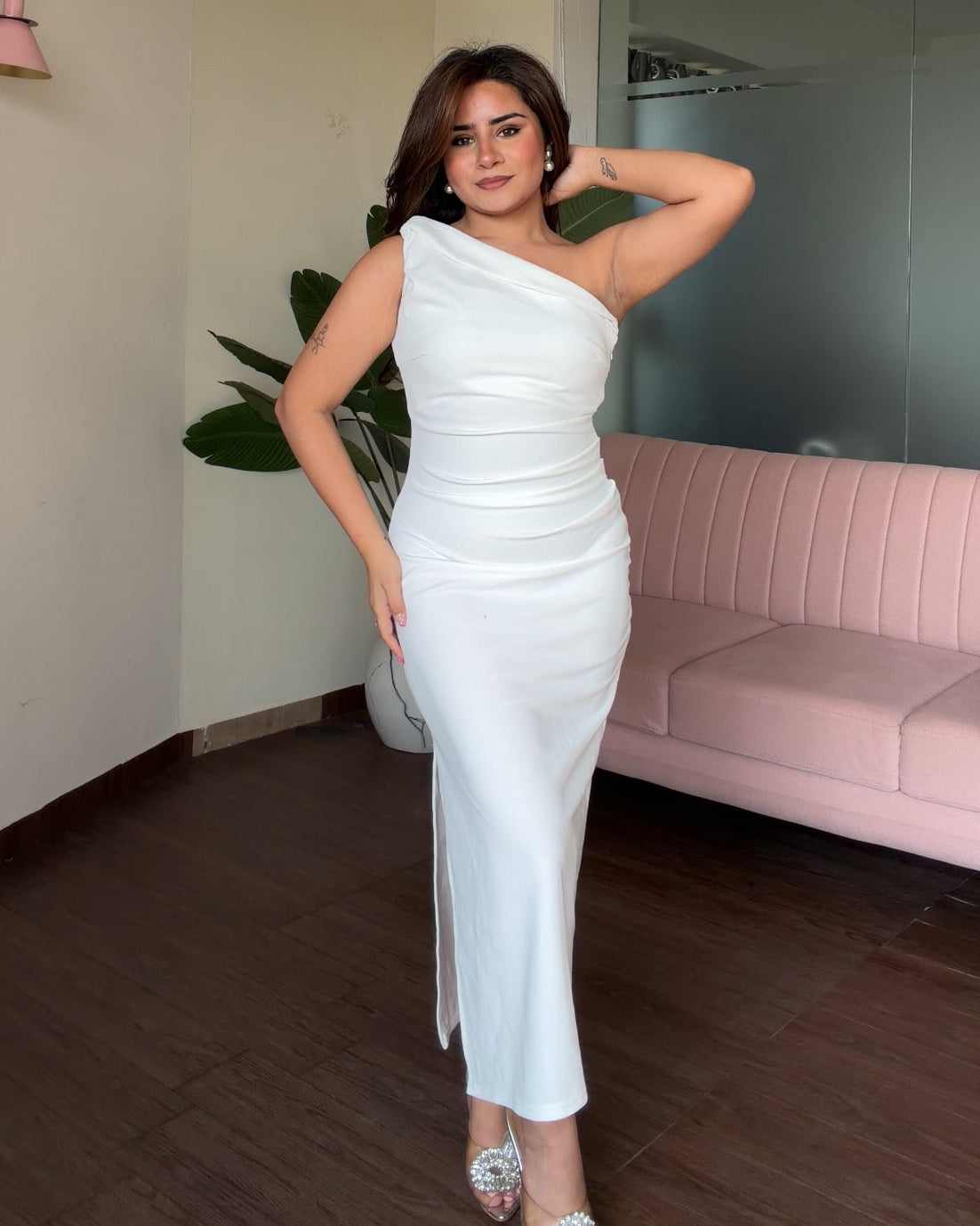 One Shoulder Ruched Bodycon Midi Dress