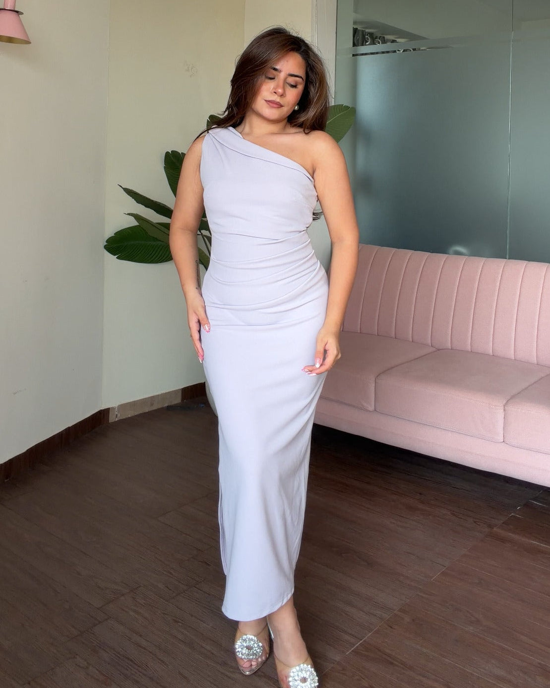 One Shoulder Ruched Bodycon Midi Dress