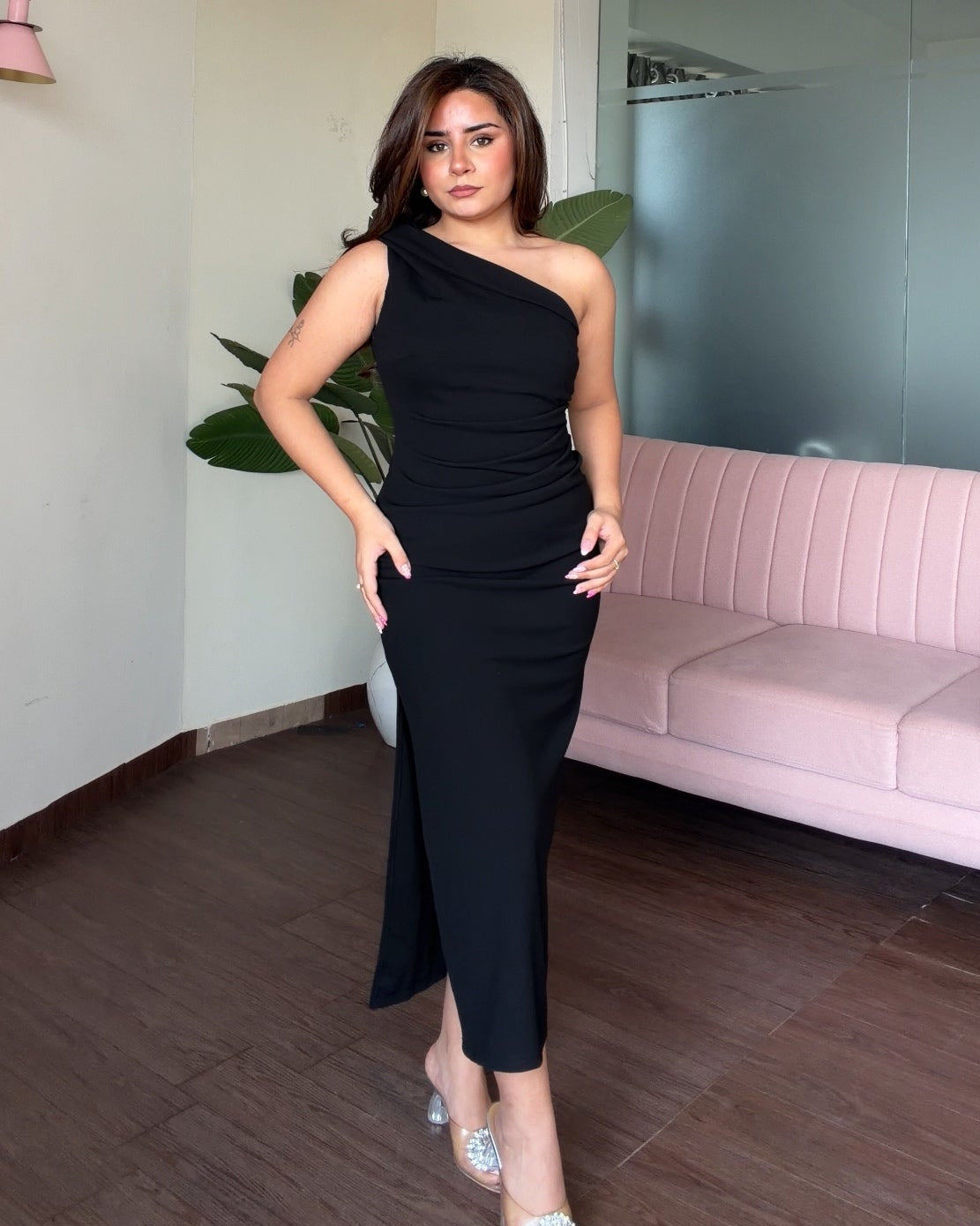 One Shoulder Ruched Bodycon Midi Dress