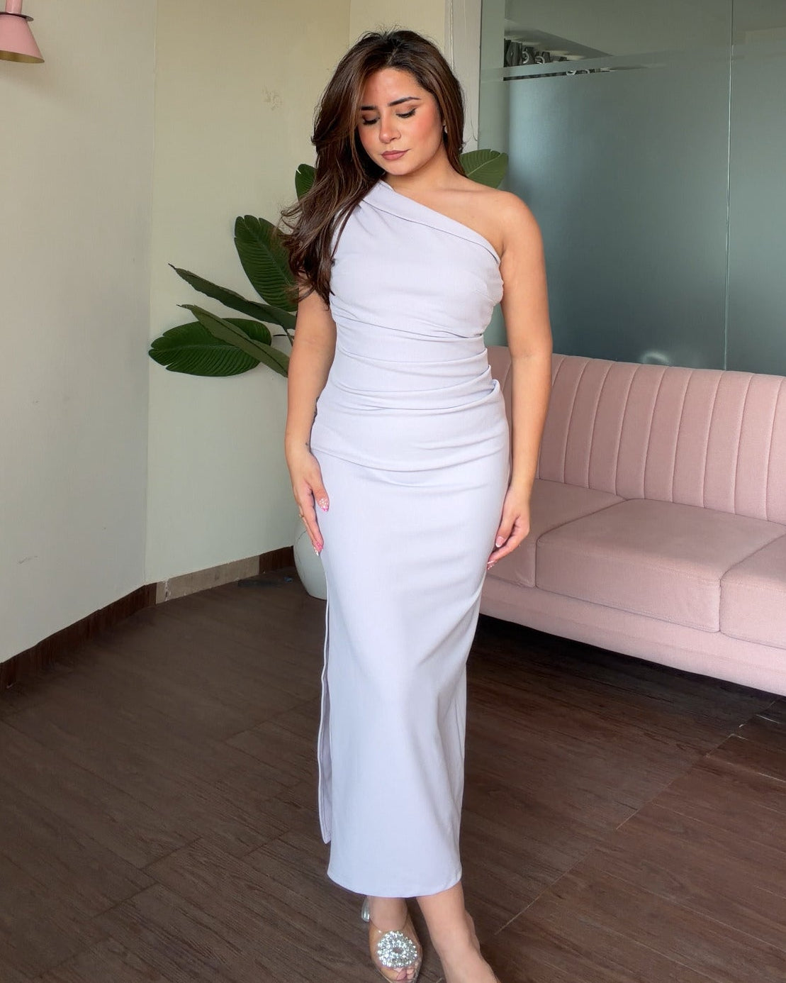 One Shoulder Ruched Bodycon Midi Dress