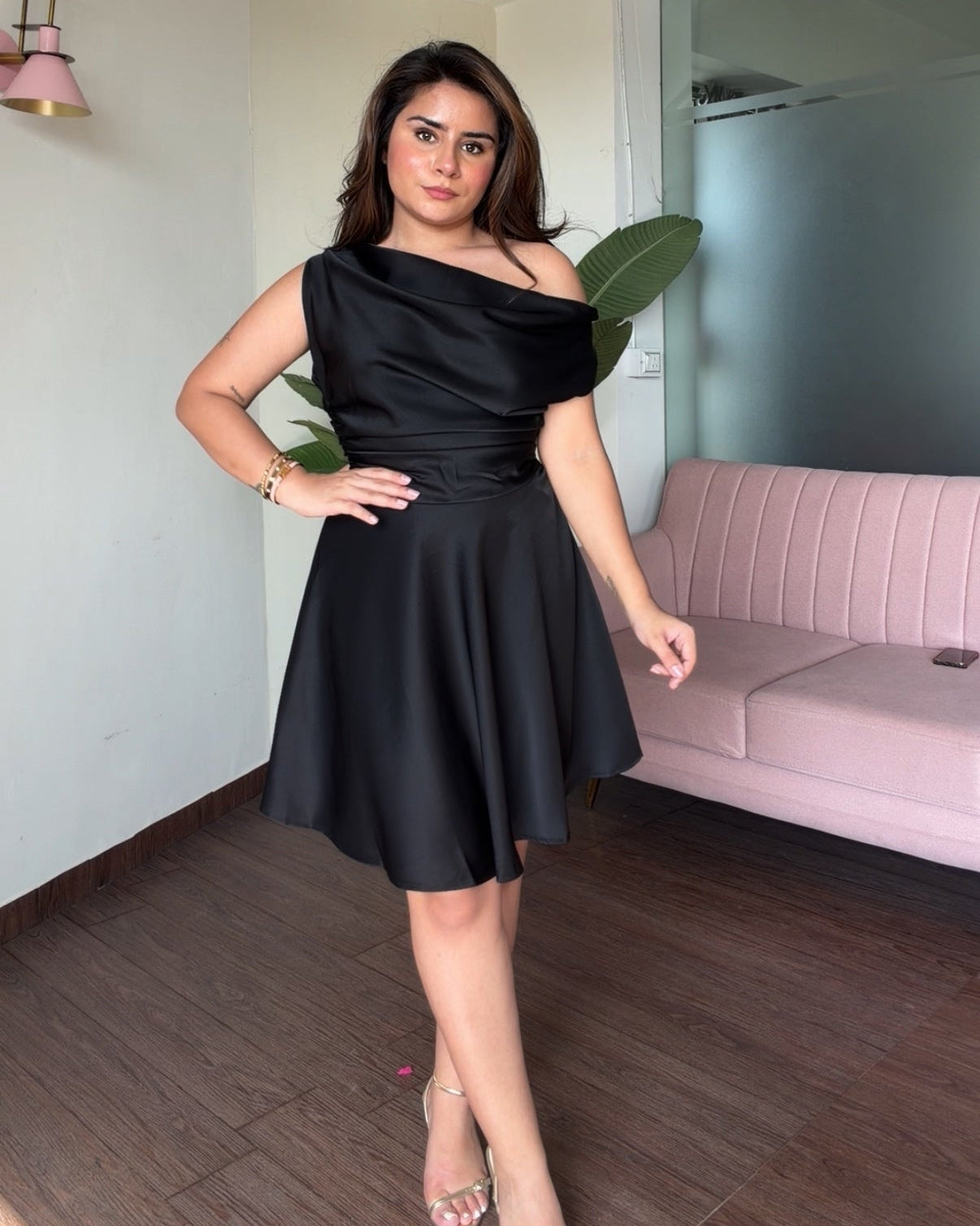 One Shoulder Satin Ruched Dress
