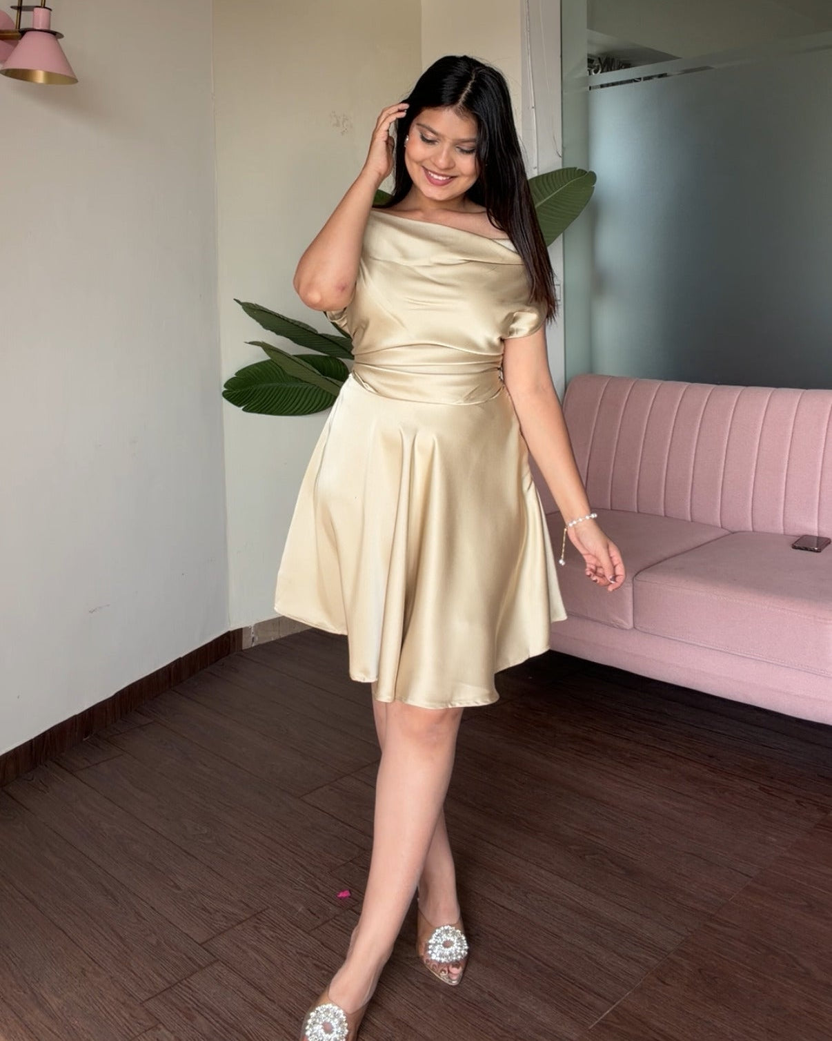 One Shoulder Satin Ruched Dress