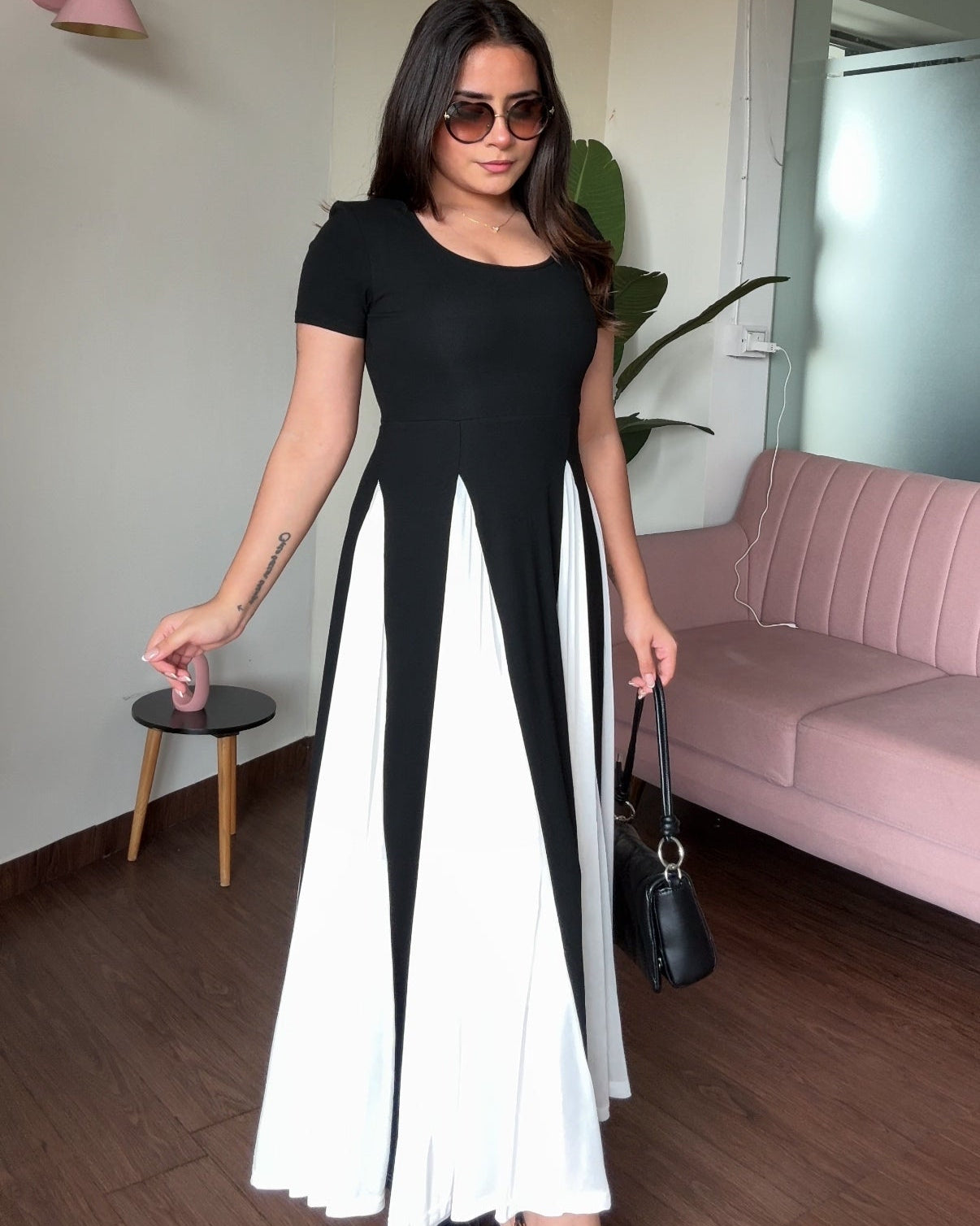 Padded Black And White Flared Midi Dress