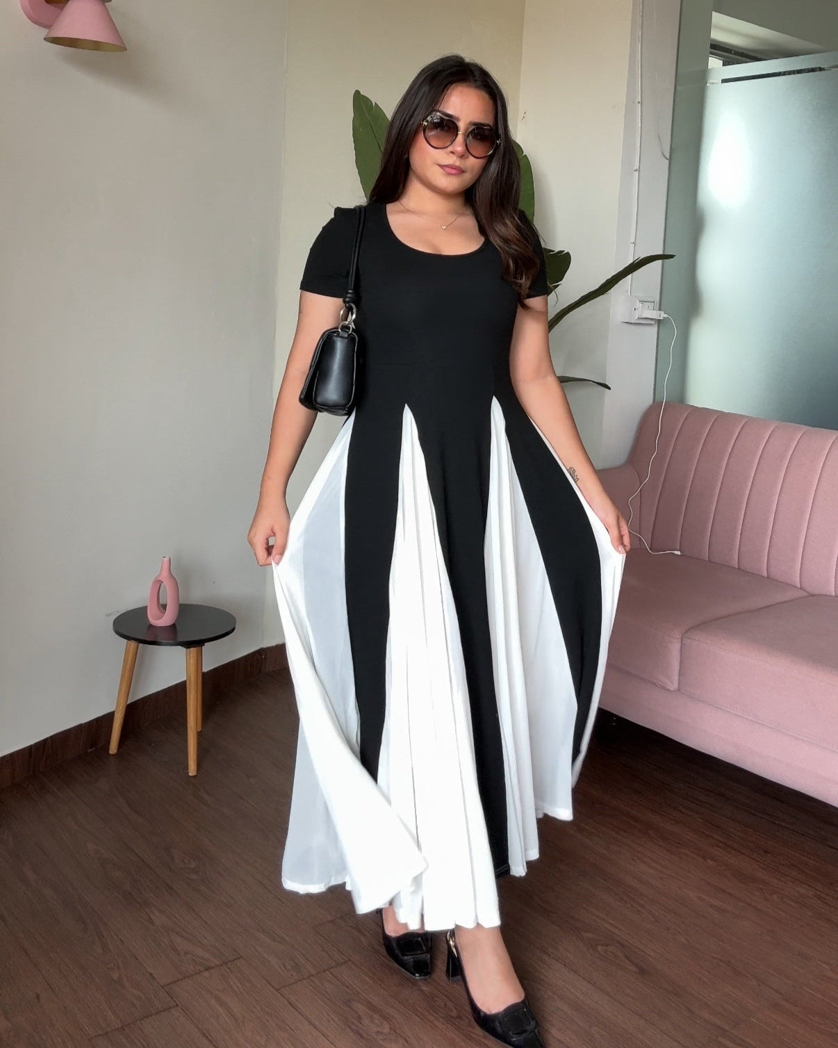 Padded Black And White Flared Midi Dress