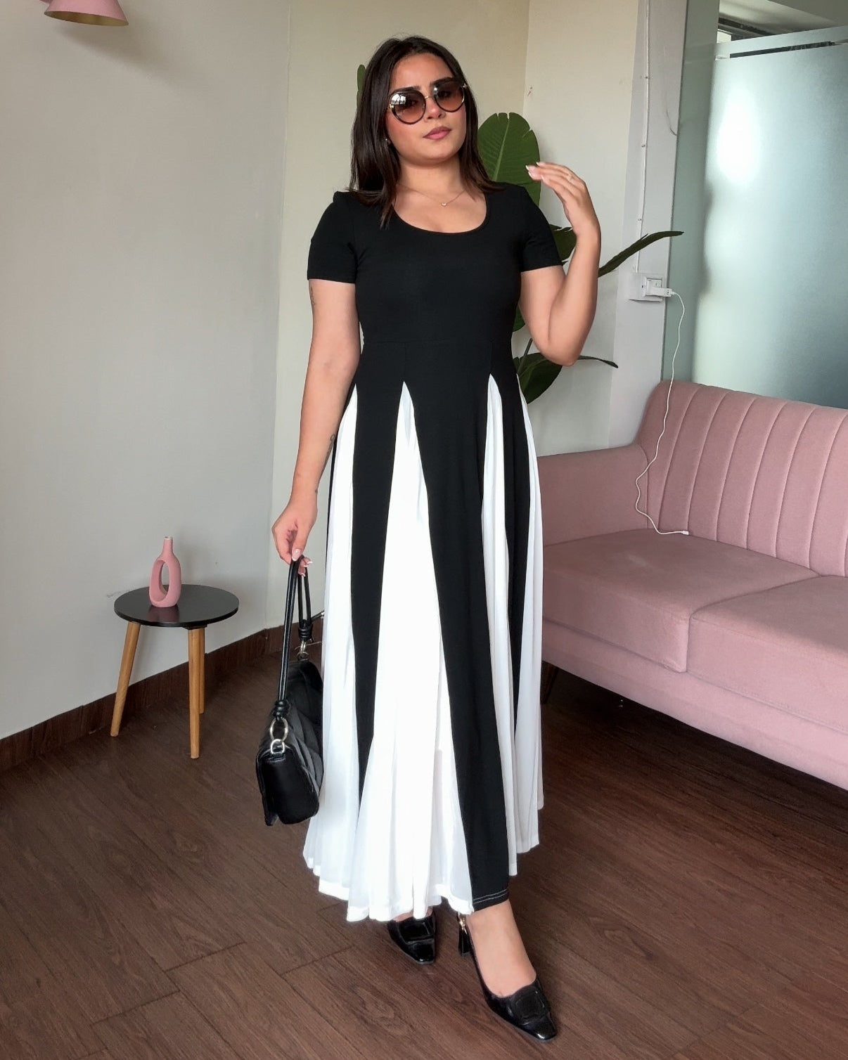 Padded Black And White Flared Midi Dress